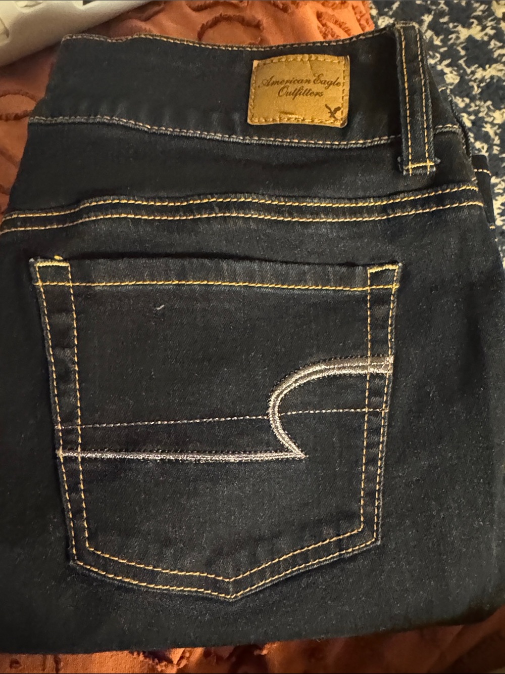 American Eagle Outfitters Dark Indigo Jeans with Yellow Contrast Stitching